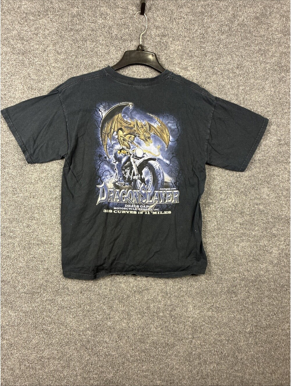 Gildan Men Large Navy Deals Gap Motorcycle Resort Dragon Slayer Biker Shirt Vtg